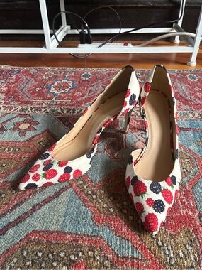 J. Crew White Pointed-Toe Pumps with Red & Navy Berry Print